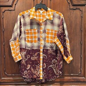 Cato Fall Colors Orange and Purple Patchwork Button Down Shirt